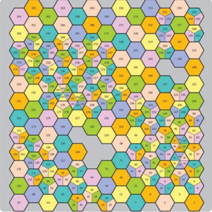 Diagram of contiguous, colored hexagons to represent self-organizing networks