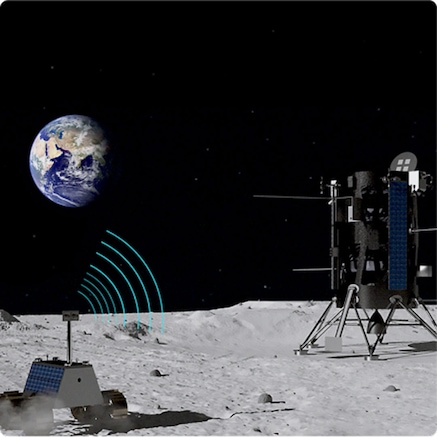 Moon lander on surface of moon with the Earth in the distance