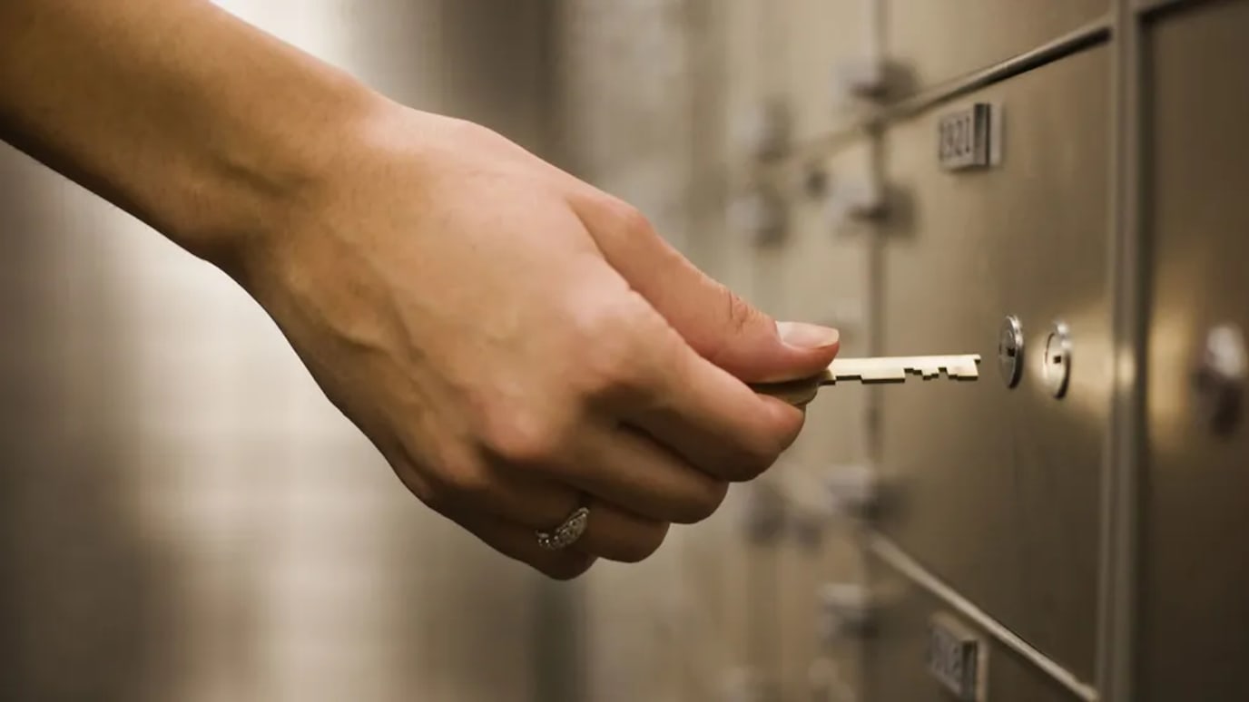 Someone putting a key in the lock of a safety deposit box