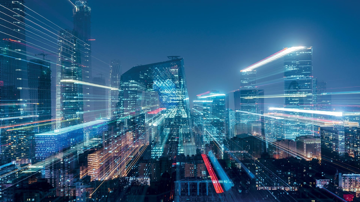 Skyscrapers lit at night