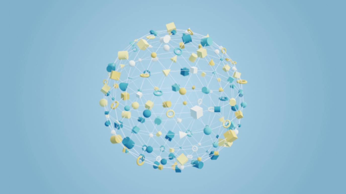 Image of a sphere shaped network connecting lines with geometric forms